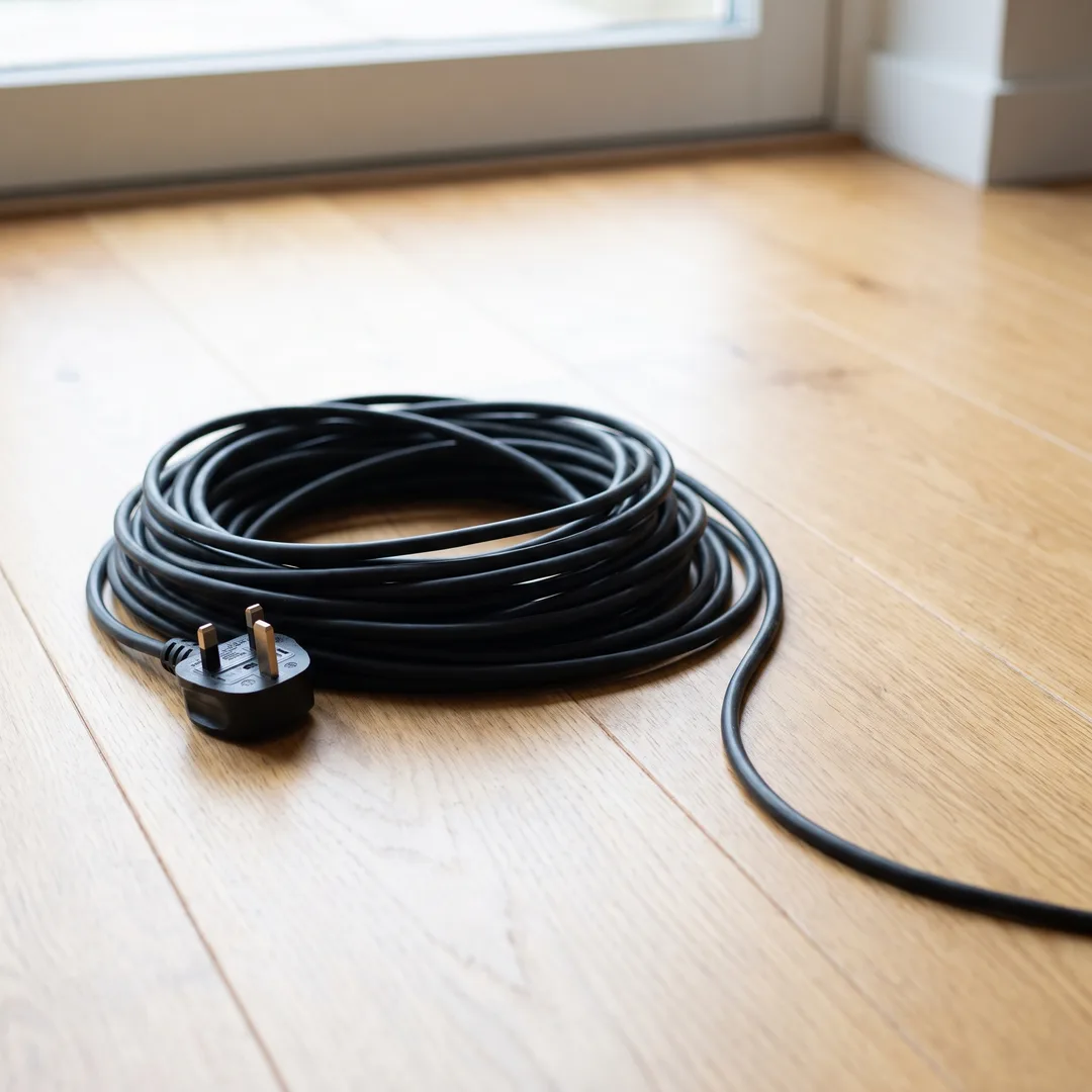 A neatly coiled vacuum cleaner cable with a UK three-pin plug